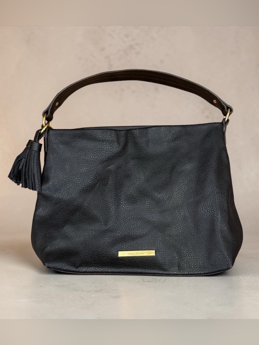 Anne Klein Black Pebbled Leather Shoulder Hobo with Tassel